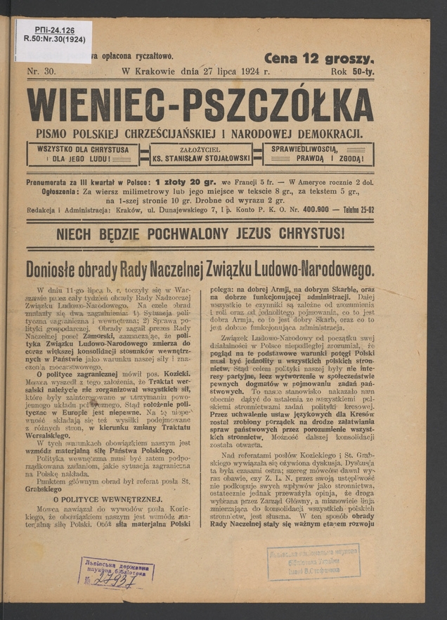 Wieniec-Pszczółka : pismo polskiej chrześcijańskiej i narodowej demokracji. Rok 50, 1924, numer 30