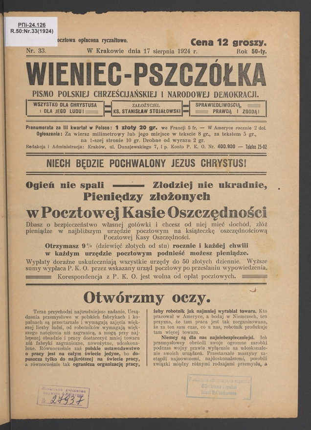 Wieniec-Pszczółka : pismo polskiej chrześcijańskiej i narodowej demokracji. Rok 50, 1924, numer 33