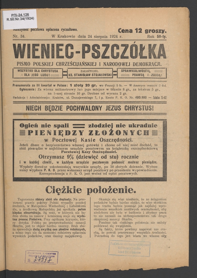 Wieniec-Pszczółka : pismo polskiej chrześcijańskiej i narodowej demokracji. Rok 50, 1924, numer 34