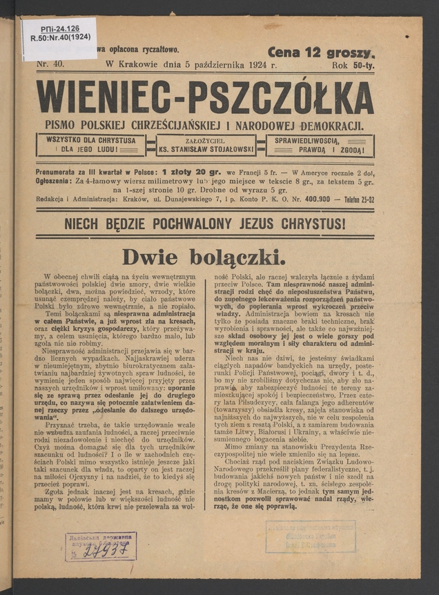 Wieniec-Pszcz&oacute;łka&nbsp;: pismo polskiej chrześcijańskiej i&nbsp;narodowej demokracji. Rok&nbsp;50, 1924, numer&nbsp;40
