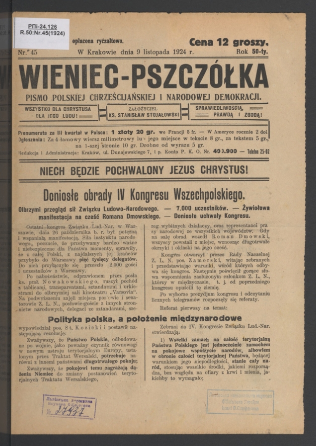 Wieniec-Pszcz&oacute;łka&nbsp;: pismo polskiej chrześcijańskiej i&nbsp;narodowej demokracji. Rok&nbsp;50, 1924, numer&nbsp;45