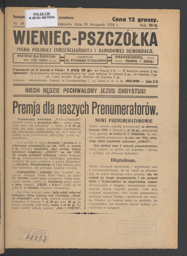 Wieniec-Pszczółka : pismo polskiej chrześcijańskiej i narodowej demokracji. Rok 50, 1924, numer 48