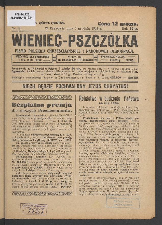 Wieniec-Pszczółka : pismo polskiej chrześcijańskiej i narodowej demokracji. Rok 50, 1924, numer 49