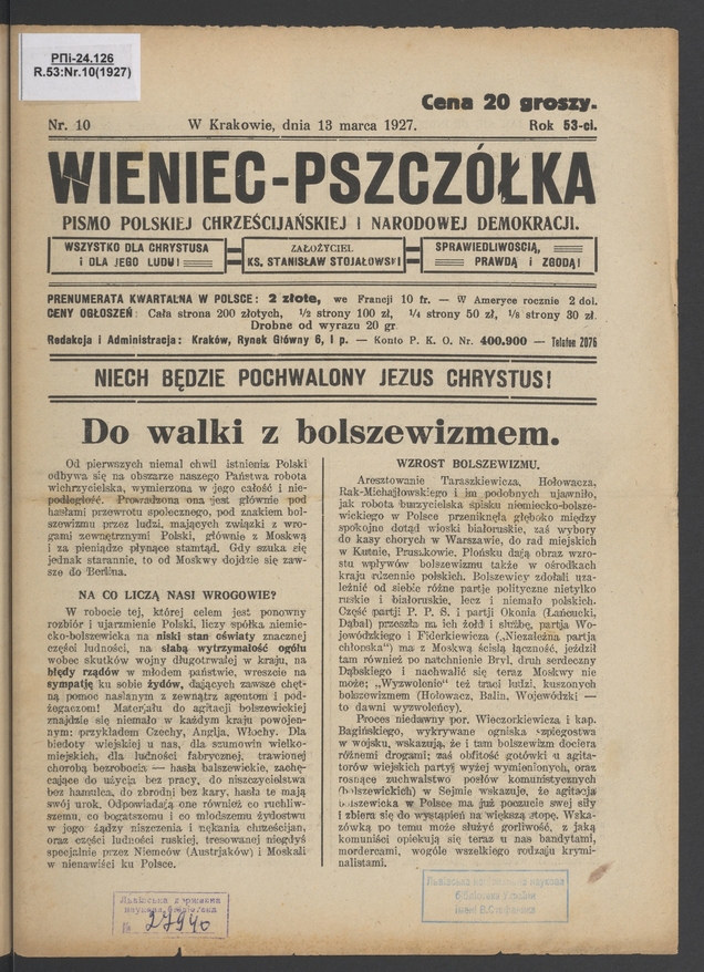 Wieniec-Pszcz&oacute;łka&nbsp;: pismo polskiej chrześcijańskiej i&nbsp;narodowej demokracji. Rok&nbsp;53, 1927, numer&nbsp;10