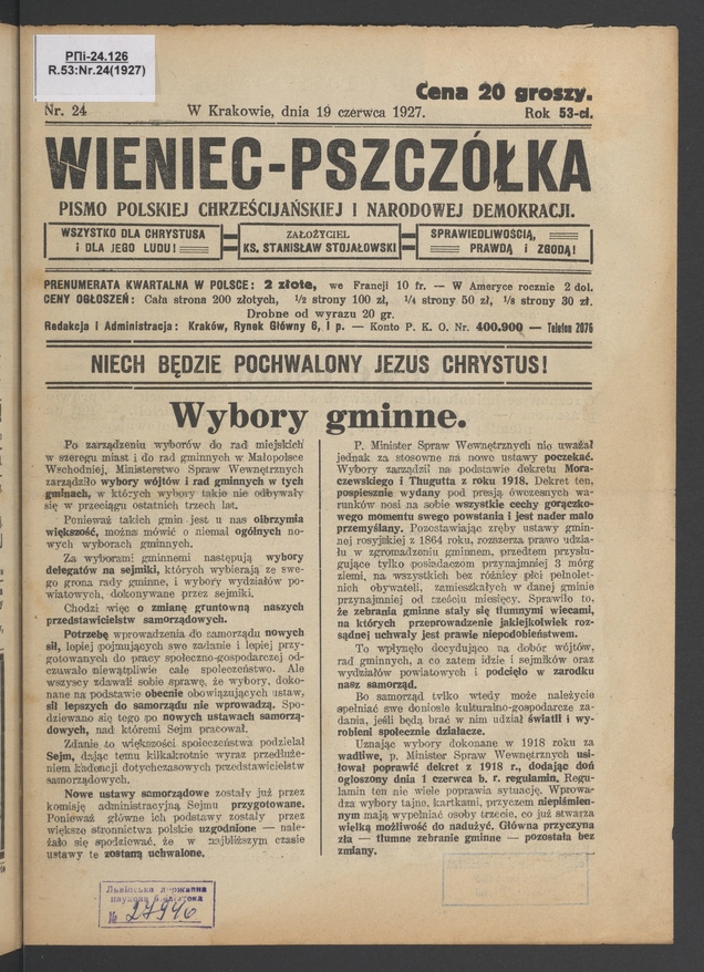 Wieniec-Pszcz&oacute;łka&nbsp;: pismo polskiej chrześcijańskiej i&nbsp;narodowej demokracji. Rok&nbsp;53, 1927, numer&nbsp;24