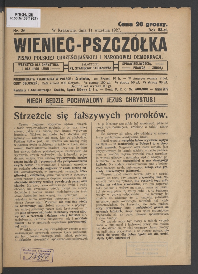 Wieniec-Pszcz&oacute;łka&nbsp;: pismo polskiej chrześcijańskiej i&nbsp;narodowej demokracji. Rok&nbsp;53, 1927, numer&nbsp;36