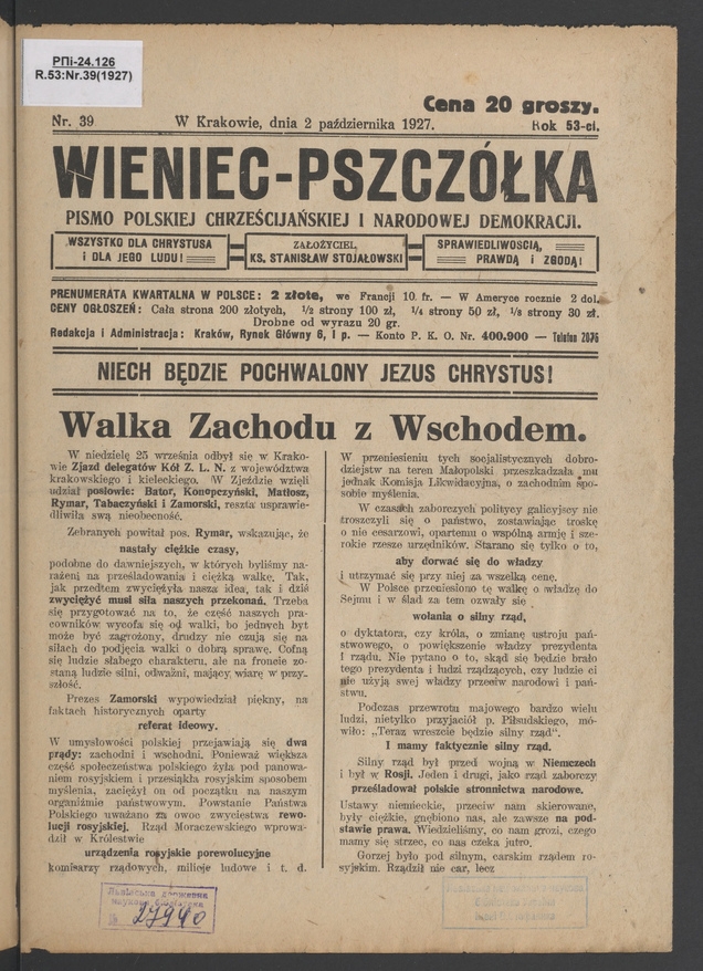 Wieniec-Pszcz&oacute;łka&nbsp;: pismo polskiej chrześcijańskiej i&nbsp;narodowej demokracji. Rok&nbsp;53, 1927, numer&nbsp;39
