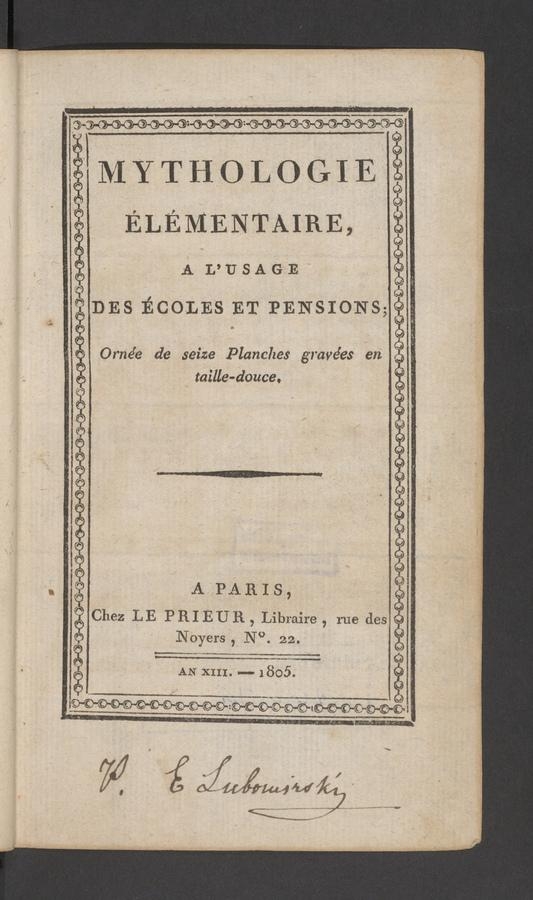 Mythologie élémentaire : à l’usage des écoles et pensions : ornée de seize planches gravées en taille-douce