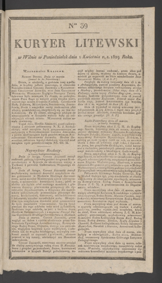 Kuryer Litewski. 1829, numer&nbsp;39