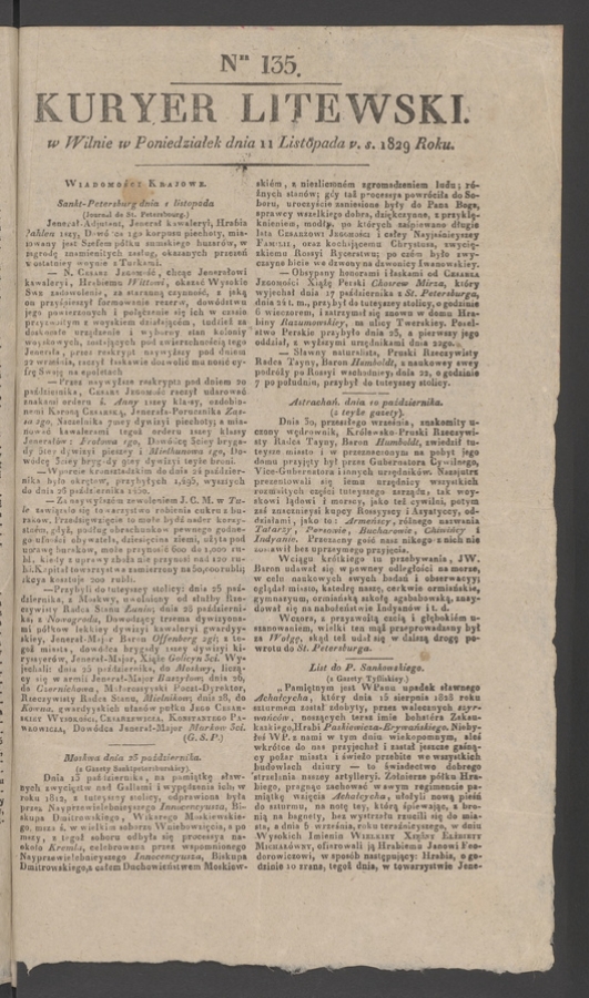 Kuryer Litewski. 1829, numer&nbsp;135