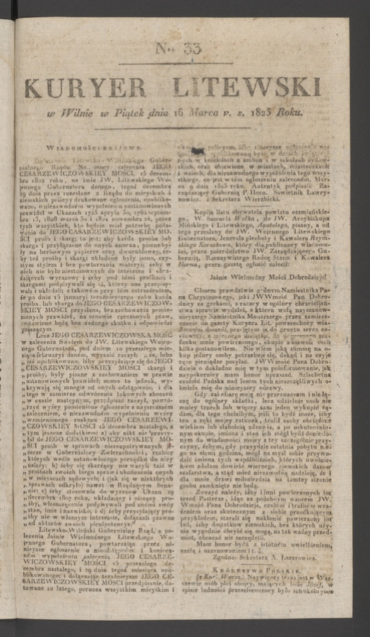 Kuryer Litewski. 1823, numer&nbsp;33