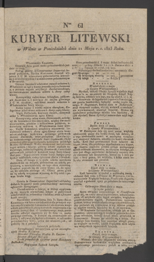 Kuryer Litewski. 1823, numer&nbsp;61