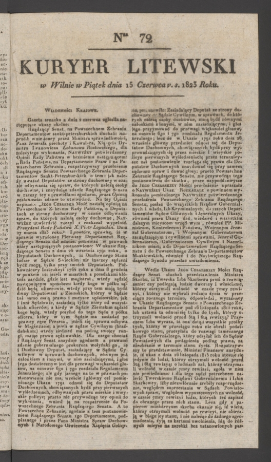 Kuryer Litewski. 1823, numer&nbsp;72