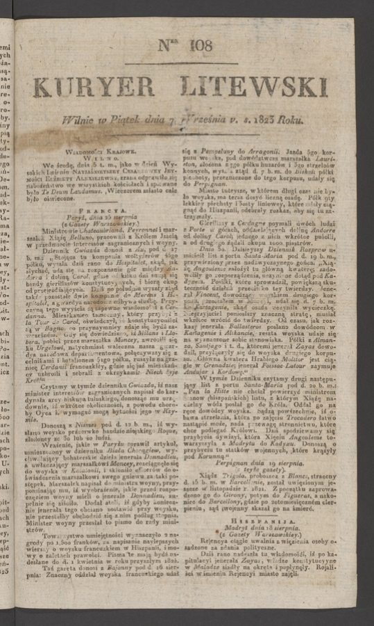 Kuryer Litewski. 1823, numer&nbsp;108