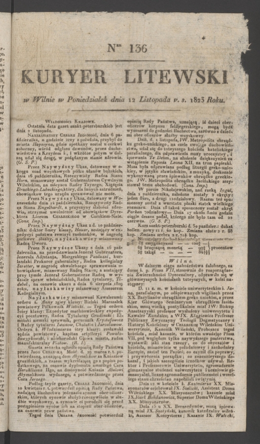 Kuryer Litewski. 1823, numer&nbsp;136