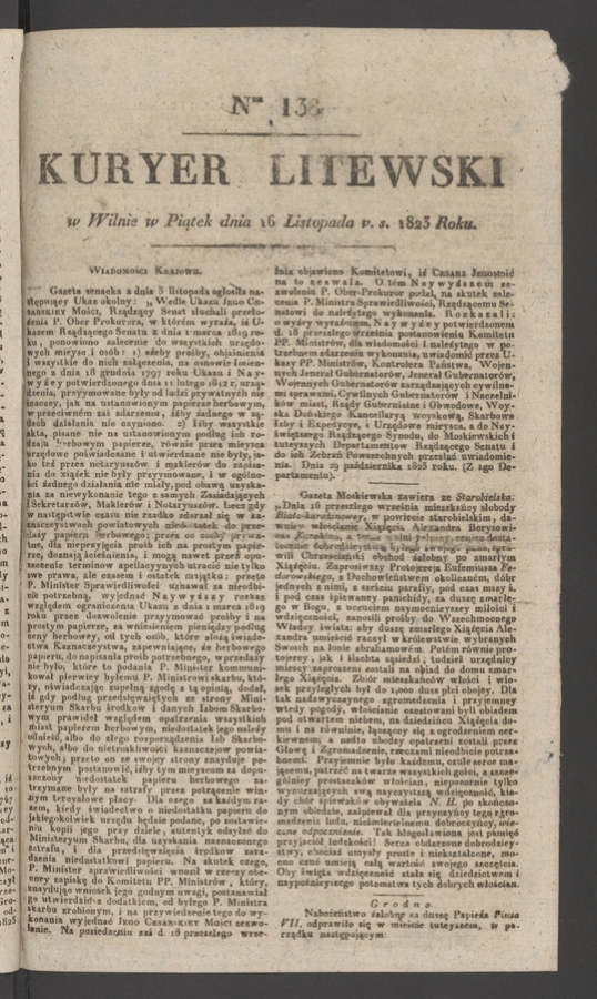 Kuryer Litewski. 1823, numer&nbsp;138
