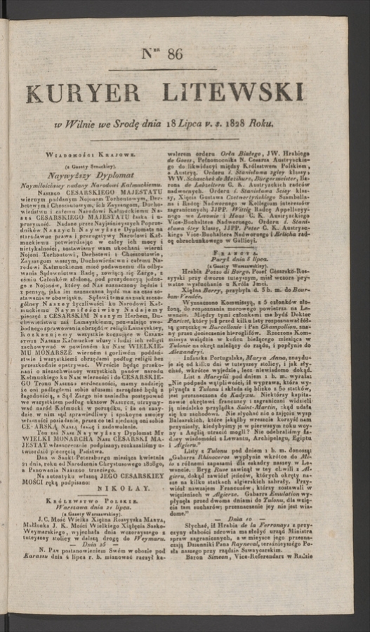 Kuryer Litewski. 1828, numer&nbsp;86