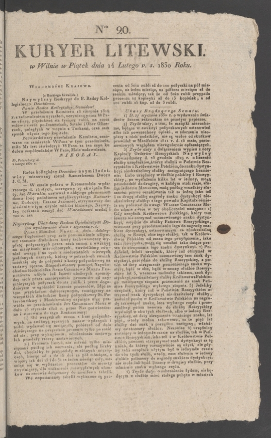 Kuryer Litewski. 1830, numer&nbsp;20