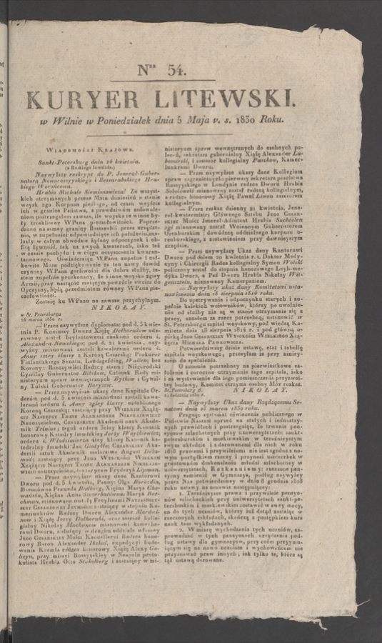 Kuryer Litewski. 1830, numer 54