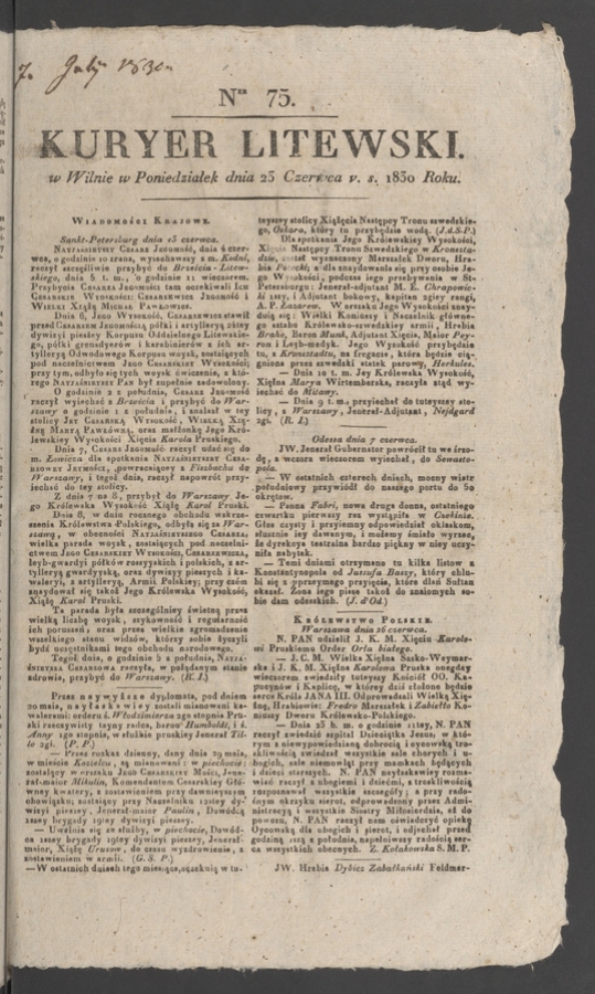 Kuryer Litewski. 1830, numer&nbsp;75