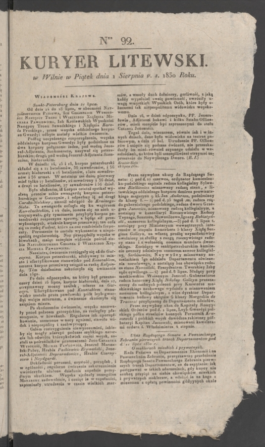 Kuryer Litewski. 1830, numer&nbsp;92