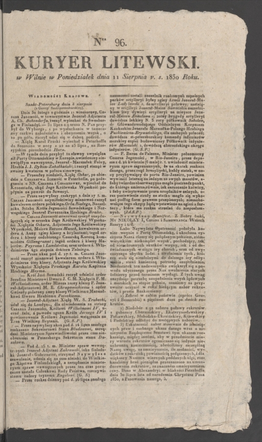 Kuryer Litewski. 1830, numer&nbsp;96