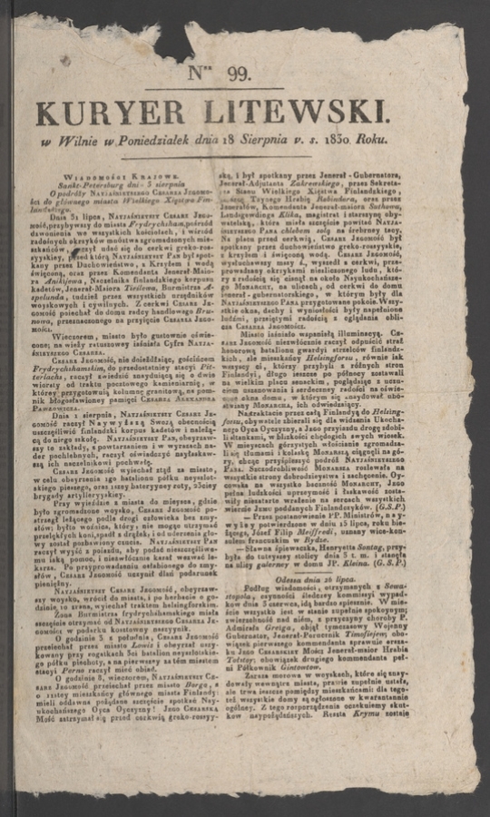 Kuryer Litewski. 1830, numer&nbsp;99