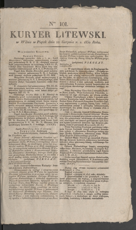 Kuryer Litewski. 1830, numer&nbsp;101