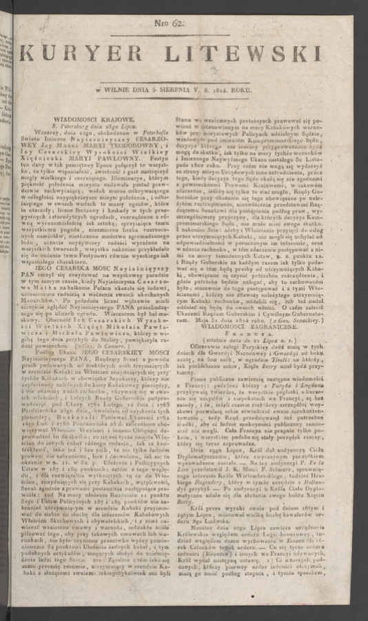 Kuryer Litewski. 1814, numero&nbsp;62
