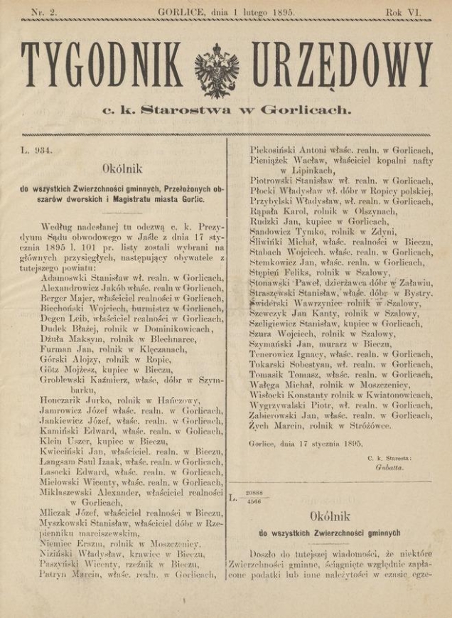 Tygodnik Urzędowy c.&nbsp;k. Starostwa w&nbsp;Gorlicach. Rok&nbsp;6, 1895, numer&nbsp;2