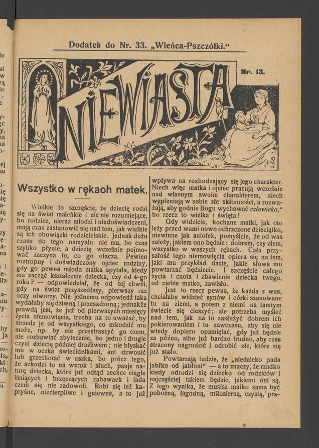 Niewiasta : dodatek do numeru 33 „Wieńca-Pszczółki”. Rok 9, 1909, numer 13