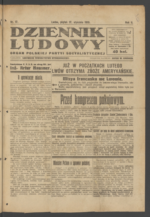 Dziennik Ludowy&nbsp;: organ Polskiej Partyi Socyalistycznej. Rok&nbsp;2, 1919, numer&nbsp;17