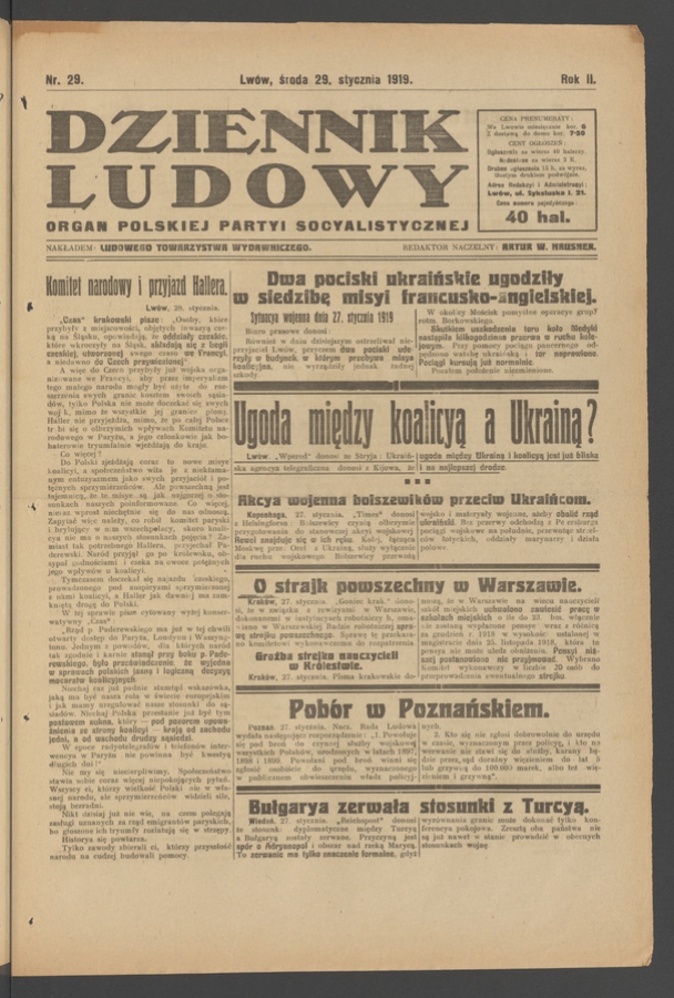 Dziennik Ludowy&nbsp;: organ Polskiej Partyi Socyalistycznej. Rok&nbsp;2, 1919, numer&nbsp;29