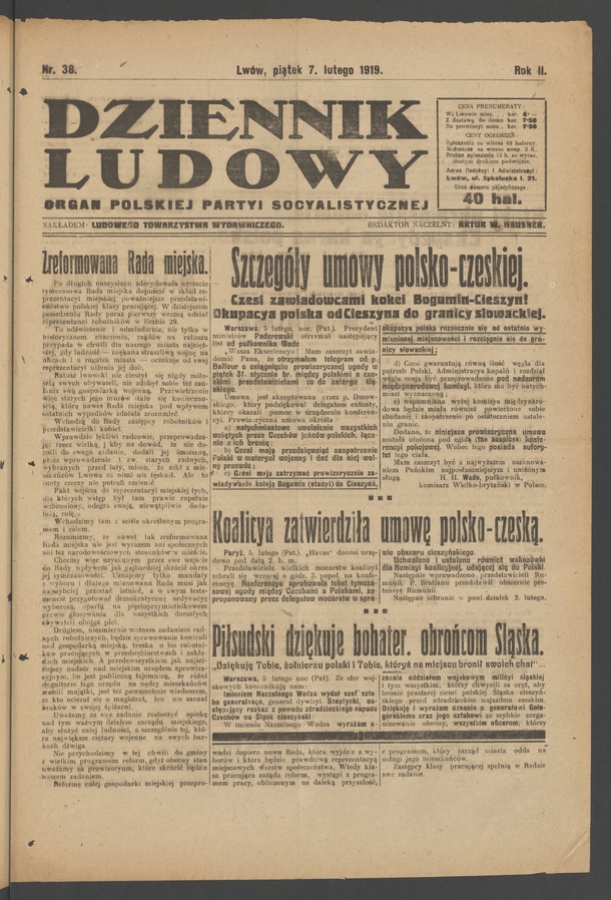 Dziennik Ludowy&nbsp;: organ Polskiej Partyi Socyalistycznej. Rok&nbsp;2, 1919, numer&nbsp;38