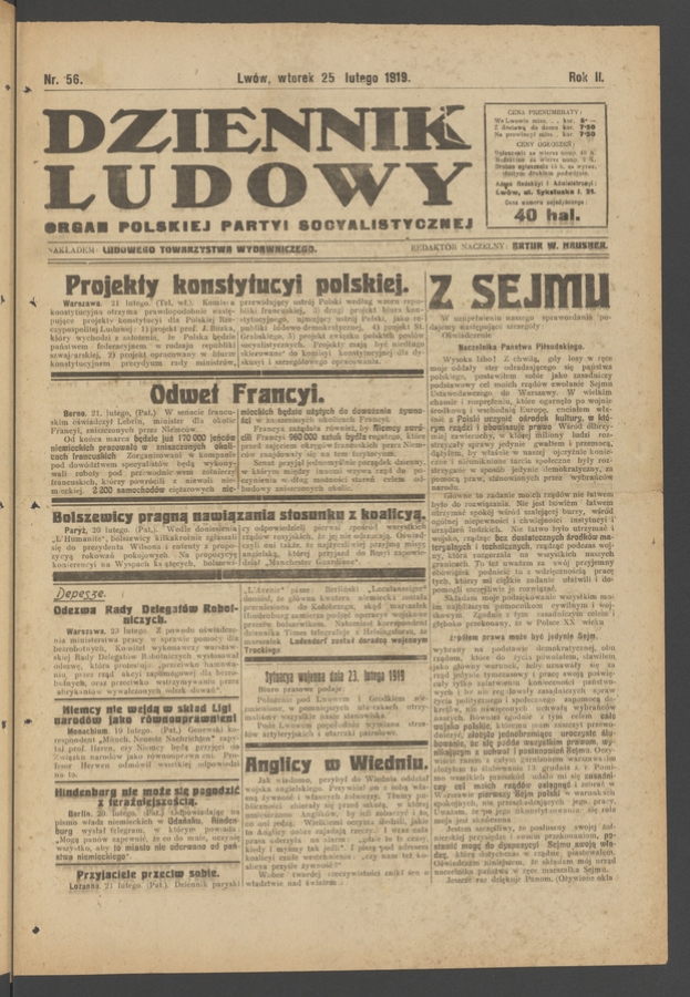 Dziennik Ludowy&nbsp;: organ Polskiej Partyi Socyalistycznej. Rok&nbsp;2, 1919, numer&nbsp;56