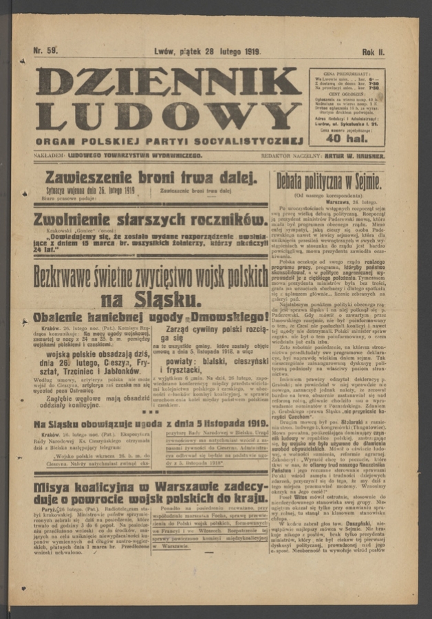 Dziennik Ludowy&nbsp;: organ Polskiej Partyi Socyalistycznej. Rok&nbsp;2, 1919, numer&nbsp;59