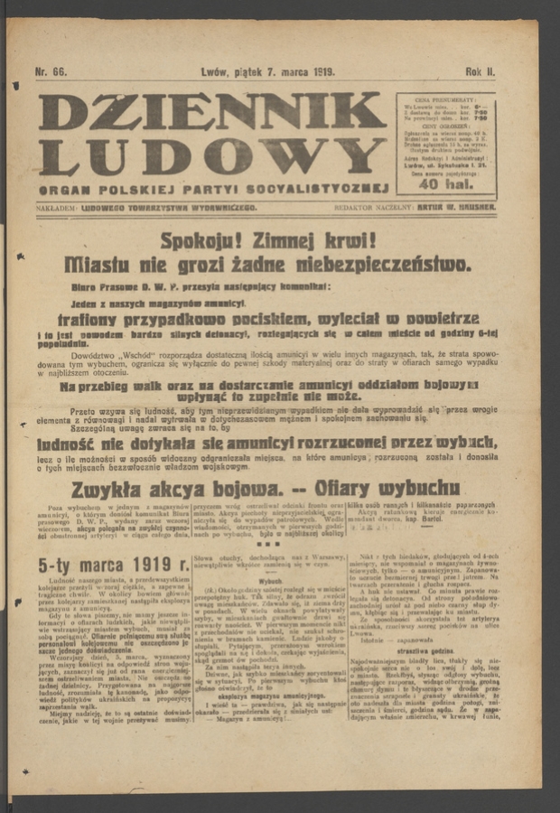 Dziennik Ludowy&nbsp;: organ Polskiej Partyi Socyalistycznej. Rok&nbsp;2, 1919, numer&nbsp;66