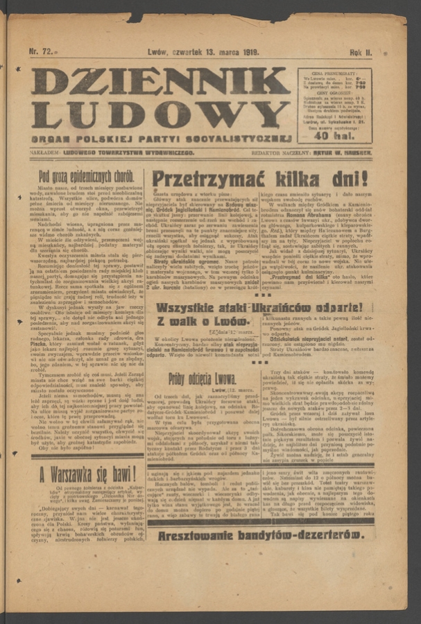 Dziennik Ludowy&nbsp;: organ Polskiej Partyi Socyalistycznej. Rok&nbsp;2, 1919, numer&nbsp;72