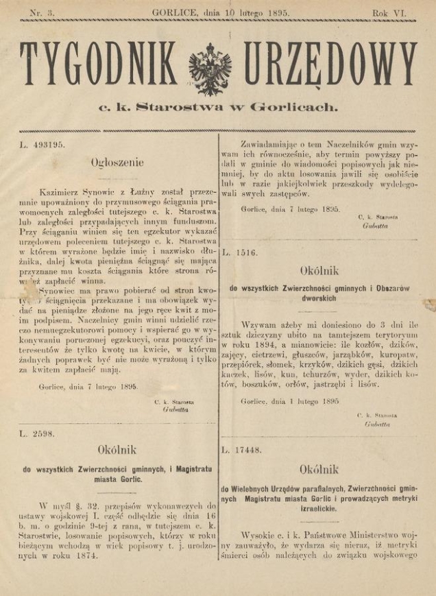 Tygodnik Urzędowy c.&nbsp;k. Starostwa w&nbsp;Gorlicach. Rok&nbsp;6, 1895, numer&nbsp;3