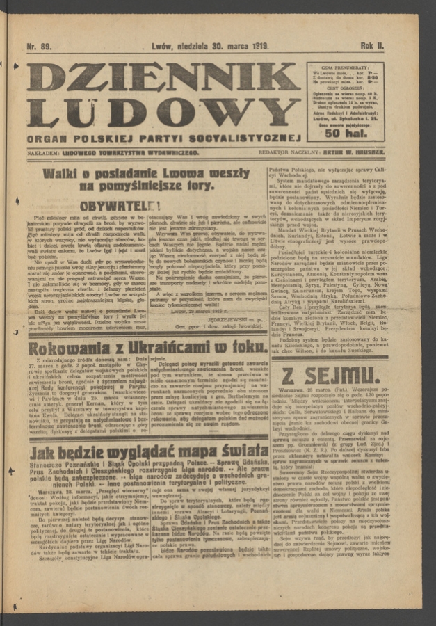 Dziennik Ludowy&nbsp;: organ Polskiej Partyi Socyalistycznej. Rok&nbsp;2, 1919, numer&nbsp;89