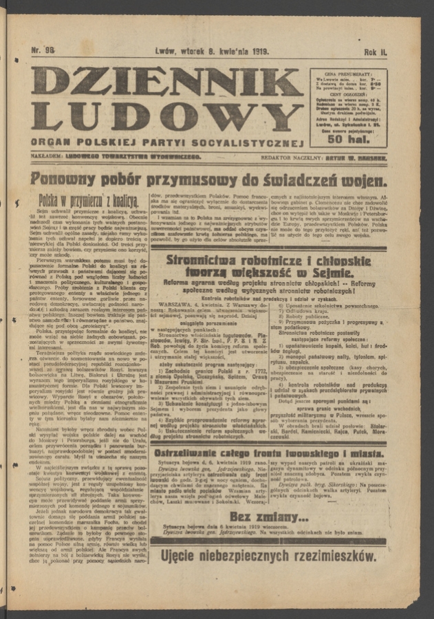 Dziennik Ludowy&nbsp;: organ Polskiej Partyi Socyalistycznej. Rok&nbsp;2, 1919, numer&nbsp;98
