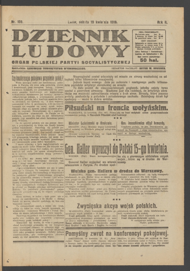 Dziennik Ludowy&nbsp;: organ Polskiej Partyi Socyalistycznej. Rok&nbsp;2, 1919, numer&nbsp;109