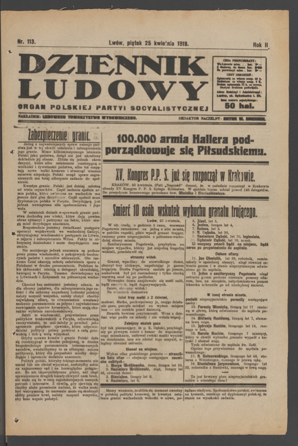 Dziennik Ludowy&nbsp;: organ Polskiej Partyi Socyalistycznej. Rok&nbsp;2, 1919, numer&nbsp;113
