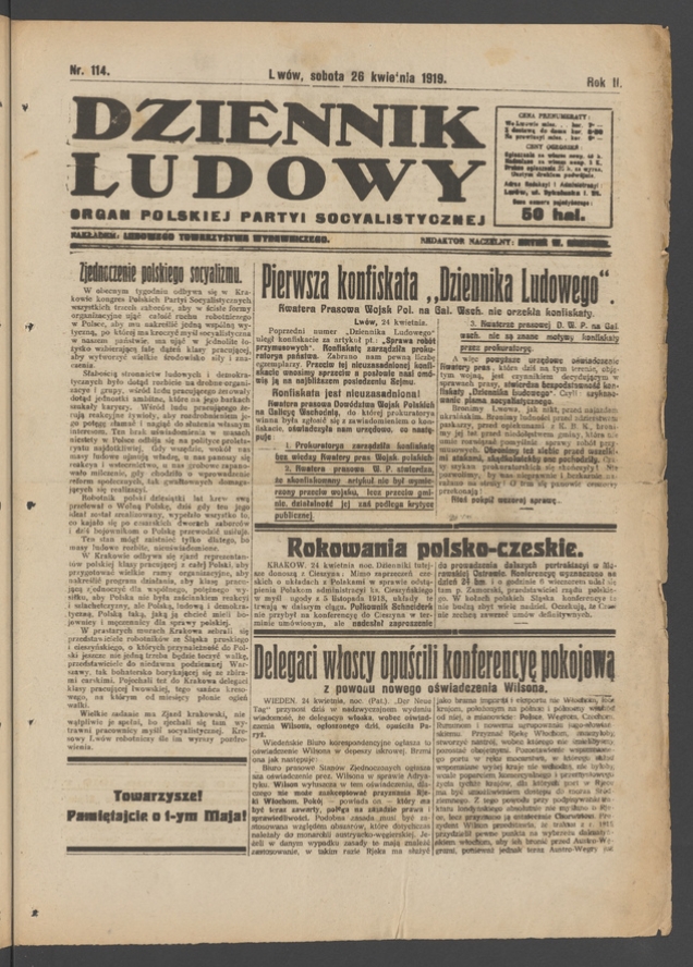 Dziennik Ludowy&nbsp;: organ Polskiej Partyi Socyalistycznej. Rok&nbsp;2, 1919, numer&nbsp;114