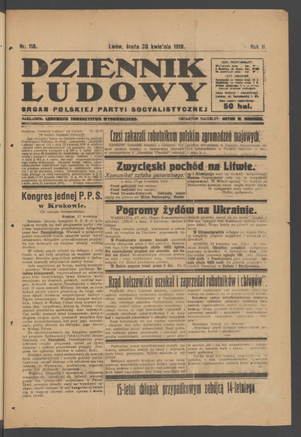 Dziennik Ludowy&nbsp;: organ Polskiej Partyi Socyalistycznej. Rok&nbsp;2, 1919, numer&nbsp;118