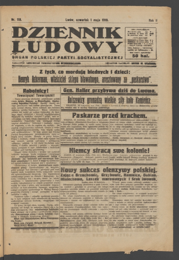 Dziennik Ludowy&nbsp;: organ Polskiej Partyi Socyalistycznej. Rok&nbsp;2, 1919, numer&nbsp;119