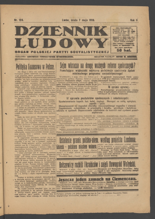 Dziennik Ludowy&nbsp;: organ Polskiej Partyi Socyalistycznej. Rok&nbsp;2, 1919, numer&nbsp;124
