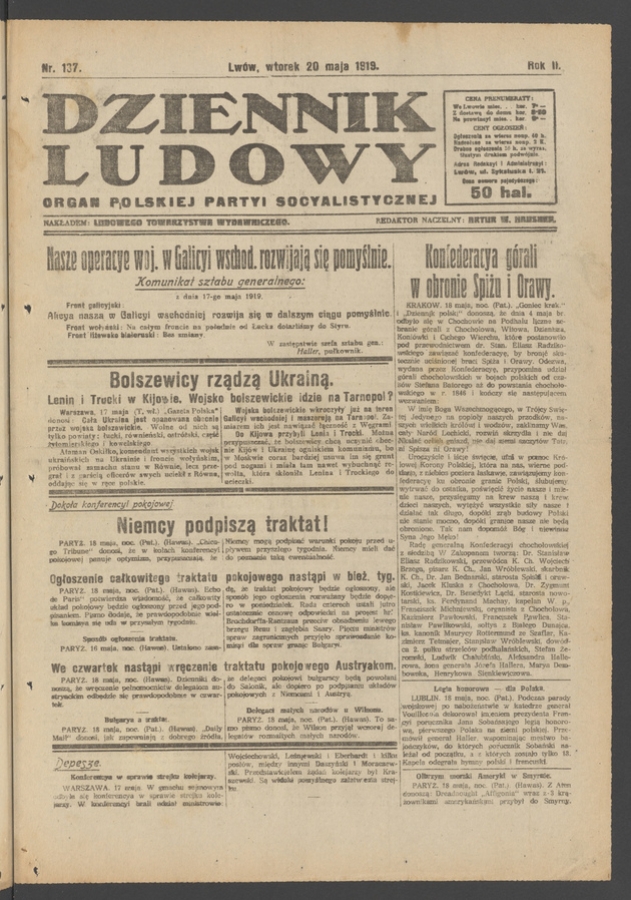Dziennik Ludowy&nbsp;: organ Polskiej Partyi Socyalistycznej. Rok&nbsp;2, 1919, numer&nbsp;137