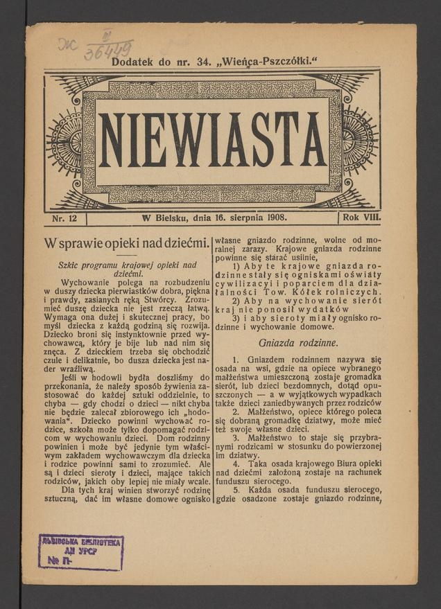 Niewiasta : dodatek do numeru 34 „Wieńca-Pszczółki”. Rok 8, 1908, numer 12