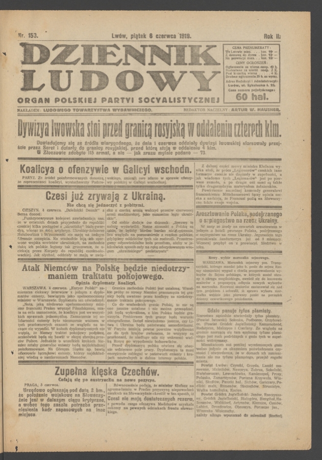 Dziennik Ludowy&nbsp;: organ Polskiej Partyi Socyalistycznej. Rok&nbsp;2, 1919, numer&nbsp;153